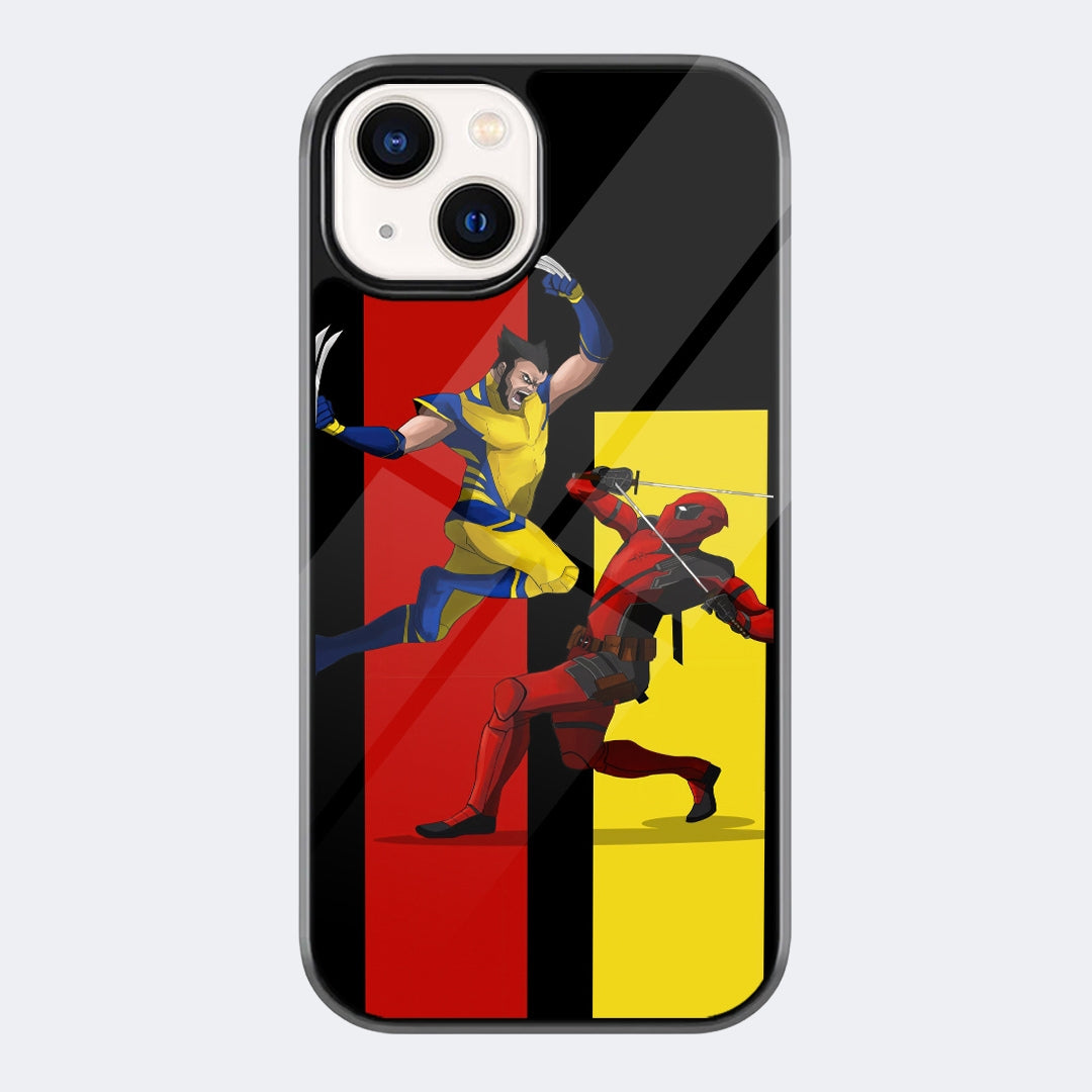 Wolverine Deadpool Pop Art Phone Case featuring Wolverine and Deadpool-inspired action figures on a bold red-yellow comic panel background