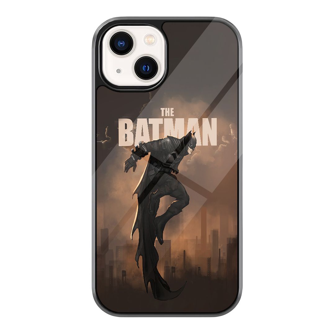 Batman Gotham Poster Phone Case featuring a vintage Gotham poster-style Batman figure standing above a city skyline