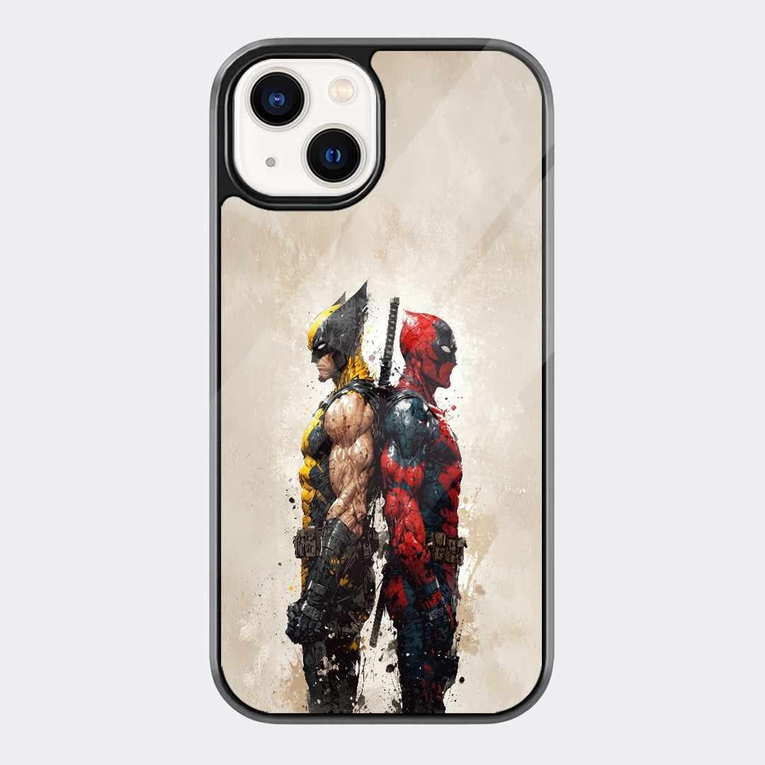 Deadpool Wolverine Duo Phone Case featuring a gritty standing duo with Deadpool red suit styling and Wolverine-inspired yellow-black hero armor