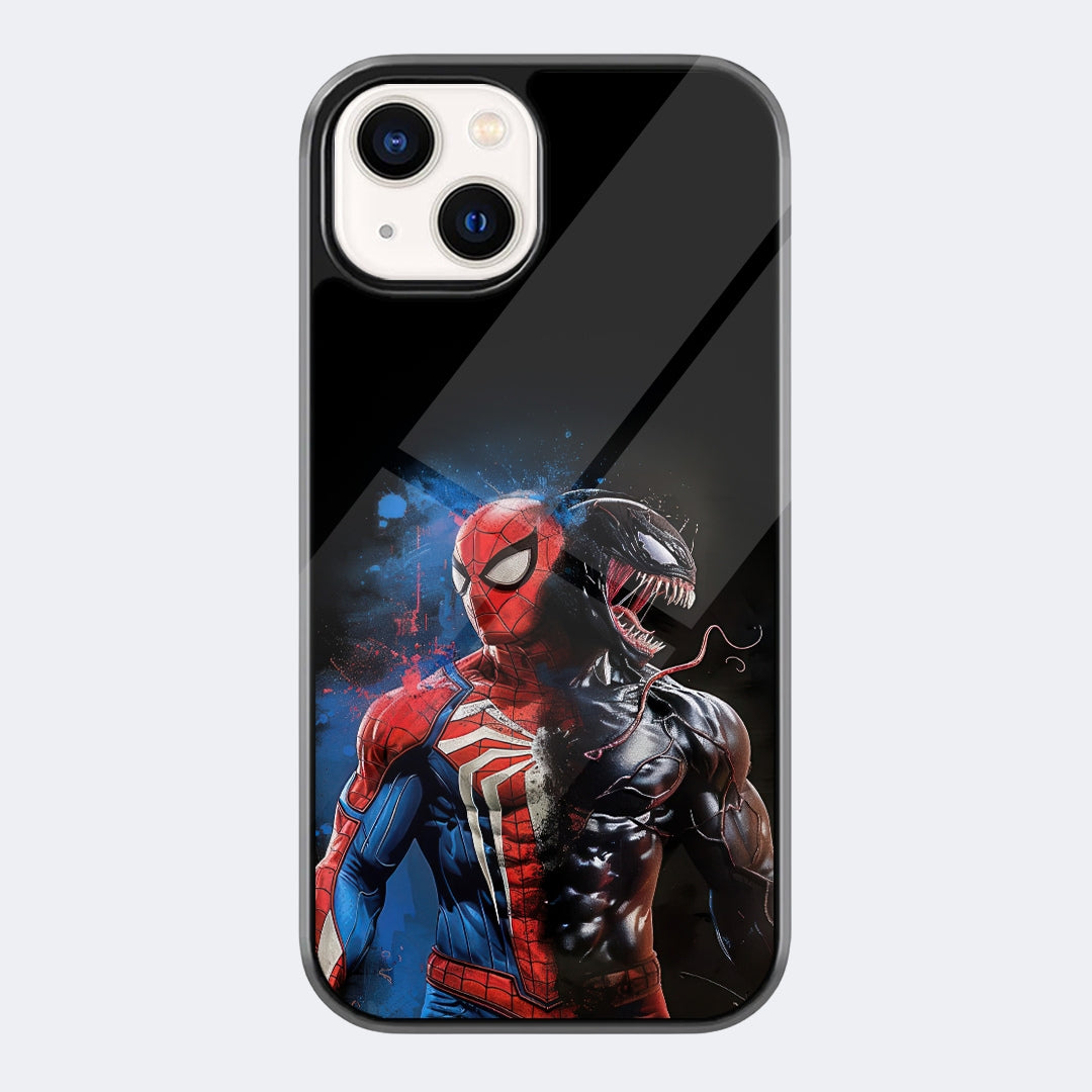 Spider-Man Venom Split Phone Case featuring a split-style Spider-Man figure with dark symbiote texture and red-blue hero contrast