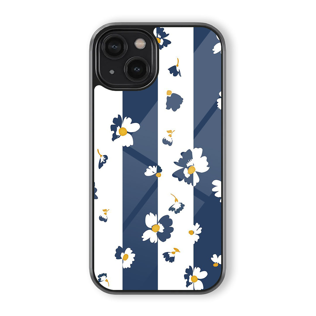 Navy and white striped phone case with scattered daisy flowers and small yellow-centered floral accents
