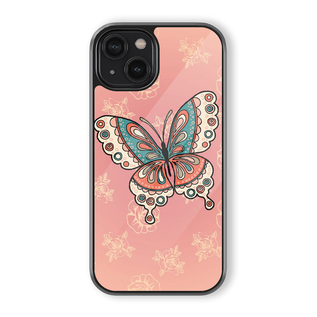 Peach butterfly phone case with pastel blue and coral wings, decorative outlines, and subtle floral pattern background