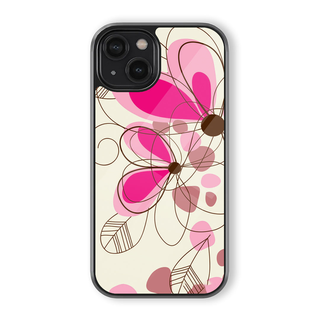Pink abstract flower phone case with cream background, brown line art, round petals, leaves, and soft modern floral shapes