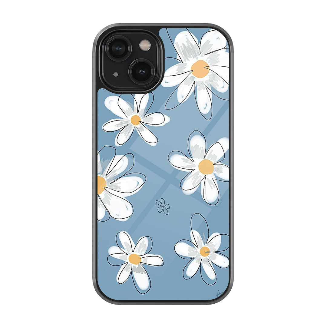 Blue daisy floral phone case with white hand-drawn daisies, yellow flower centers, and simple airy background