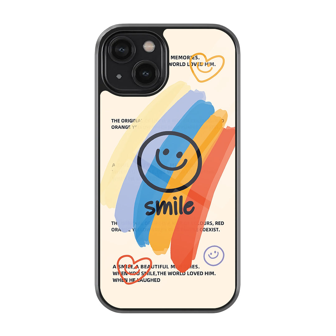Rainbow smile phone case with colorful brush strokes, black smiley face, doodle hearts, small text details, and cream background