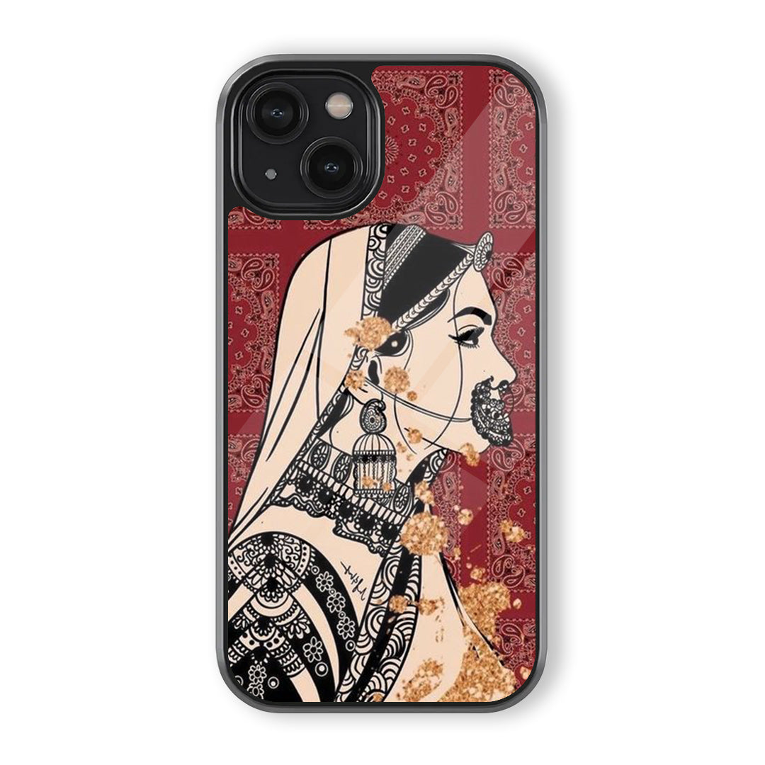 Rajasthani bride profile illustration phone case with traditional jewelry, veil, red paisley background, and gold accents