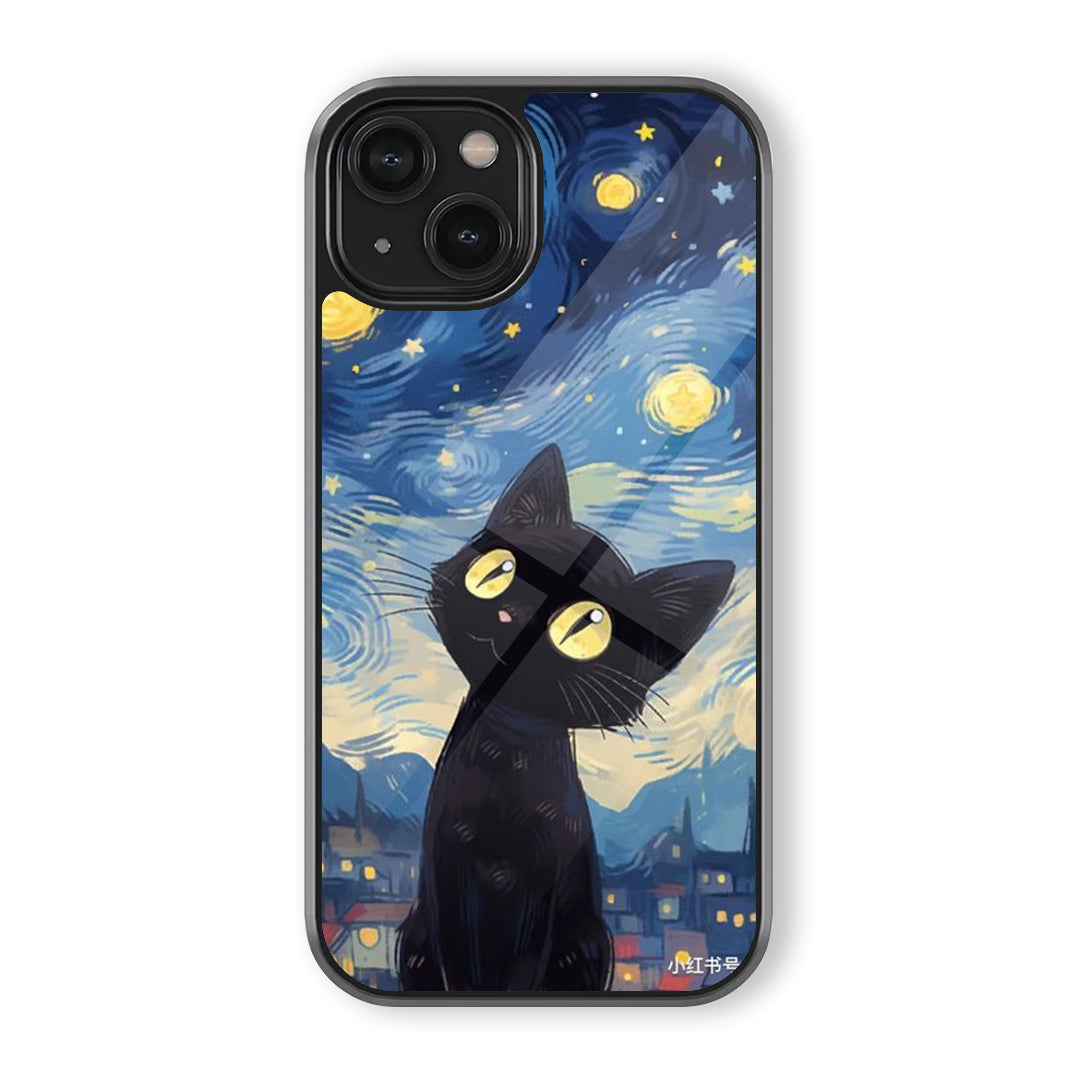 Black cat phone case with glowing yellow eyes under a swirling blue starry night sky with moon and village lights