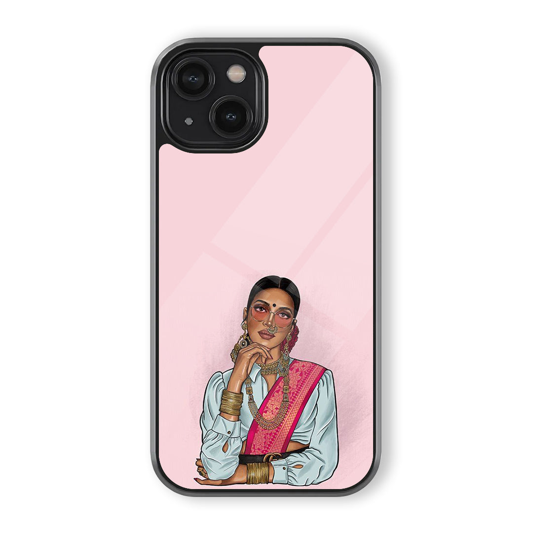 Traditional Indian girl phone case with pink sari-style drape, jewelry, glasses, blue blouse, and soft pale background