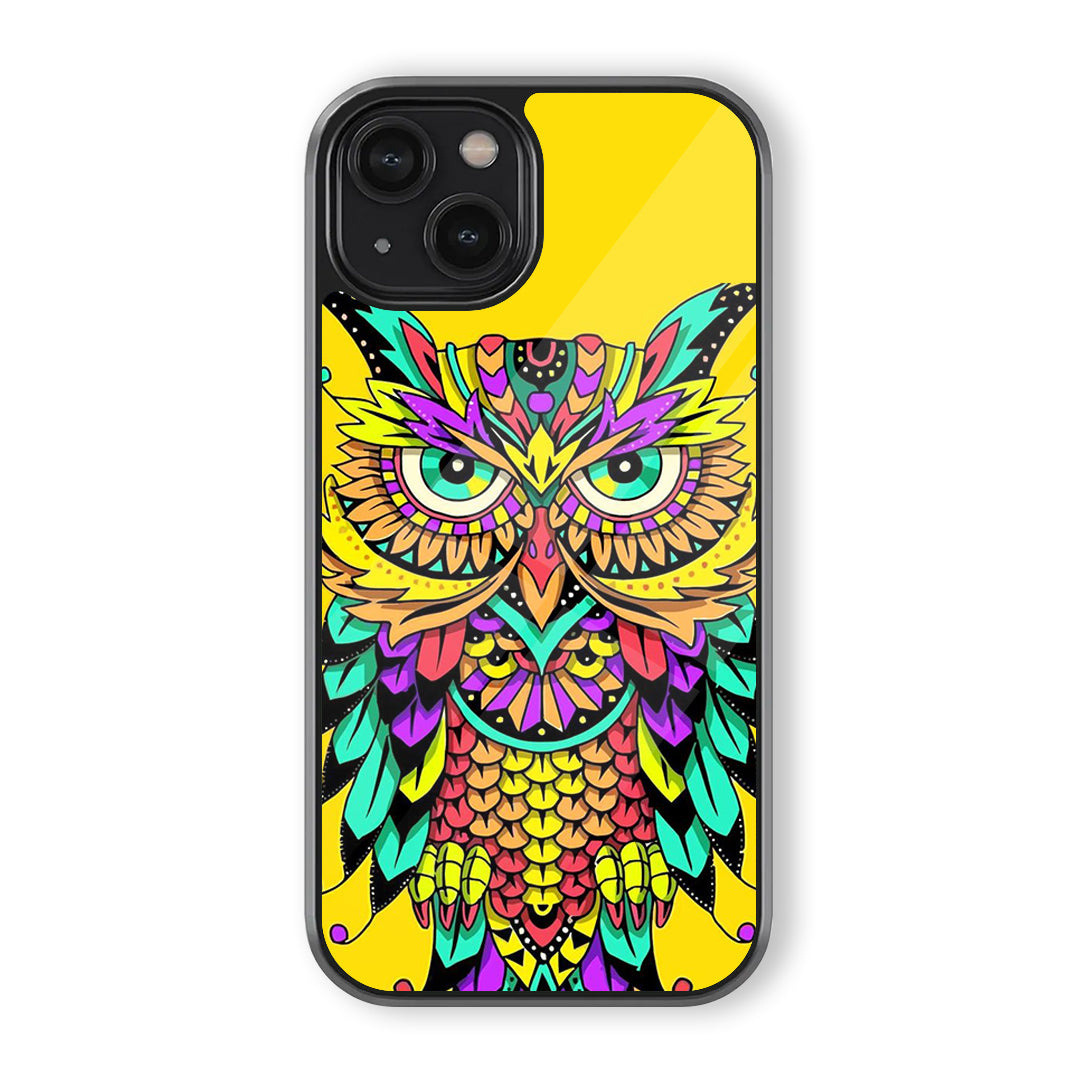 Bright tribal owl phone case with yellow background, teal feathers, pink accents, and detailed folk-art patterns
