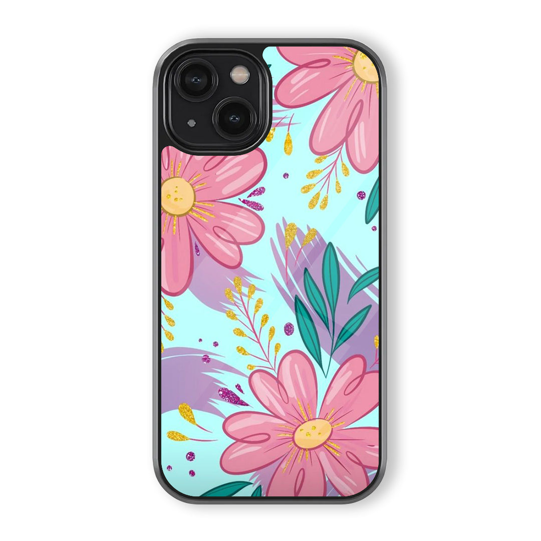Pink floral garden phone case with large pink blossoms, teal leaves, yellow centers, glitter-like accents, and aqua blue background
