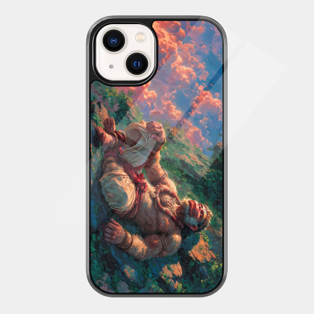 Hanuman Ji moving diagonally across a green mountain landscape beneath glowing orange and blue clouds