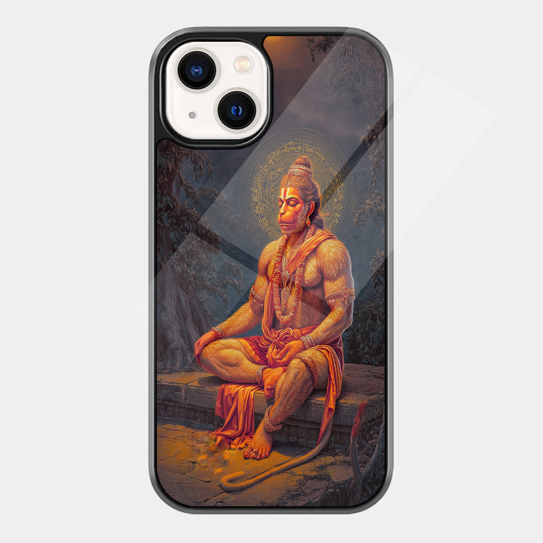 Hanuman Ji meditating with closed eyes in a forest, surrounded by a golden mantra halo and warm saffron light