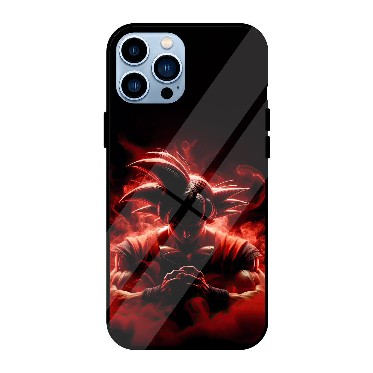 Crimson red aura anime fighter artwork on an iPhone case