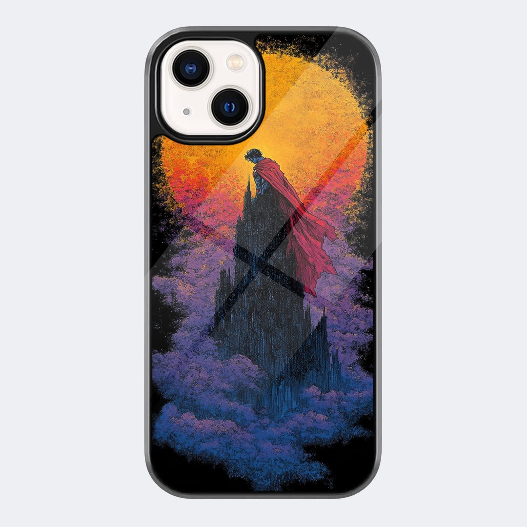 Thor Hammer Sunset Phone Case featuring a lone hammer-bearing warrior silhouette against a glowing sunset, purple clouds, and dramatic mountain scenery