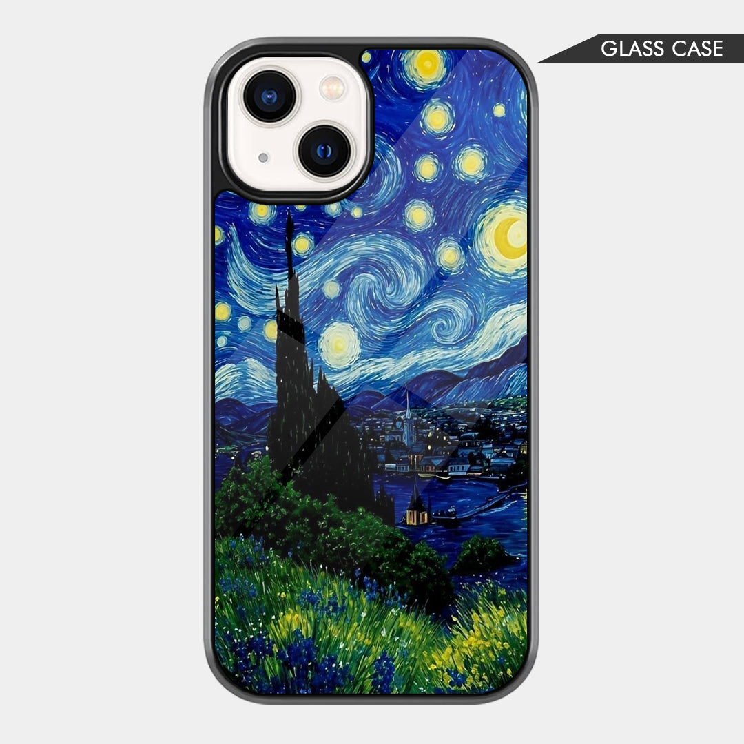 Starry night landscape phone case with swirling blue sky, glowing yellow stars, mountains, village lights, and dark tower silhouette
