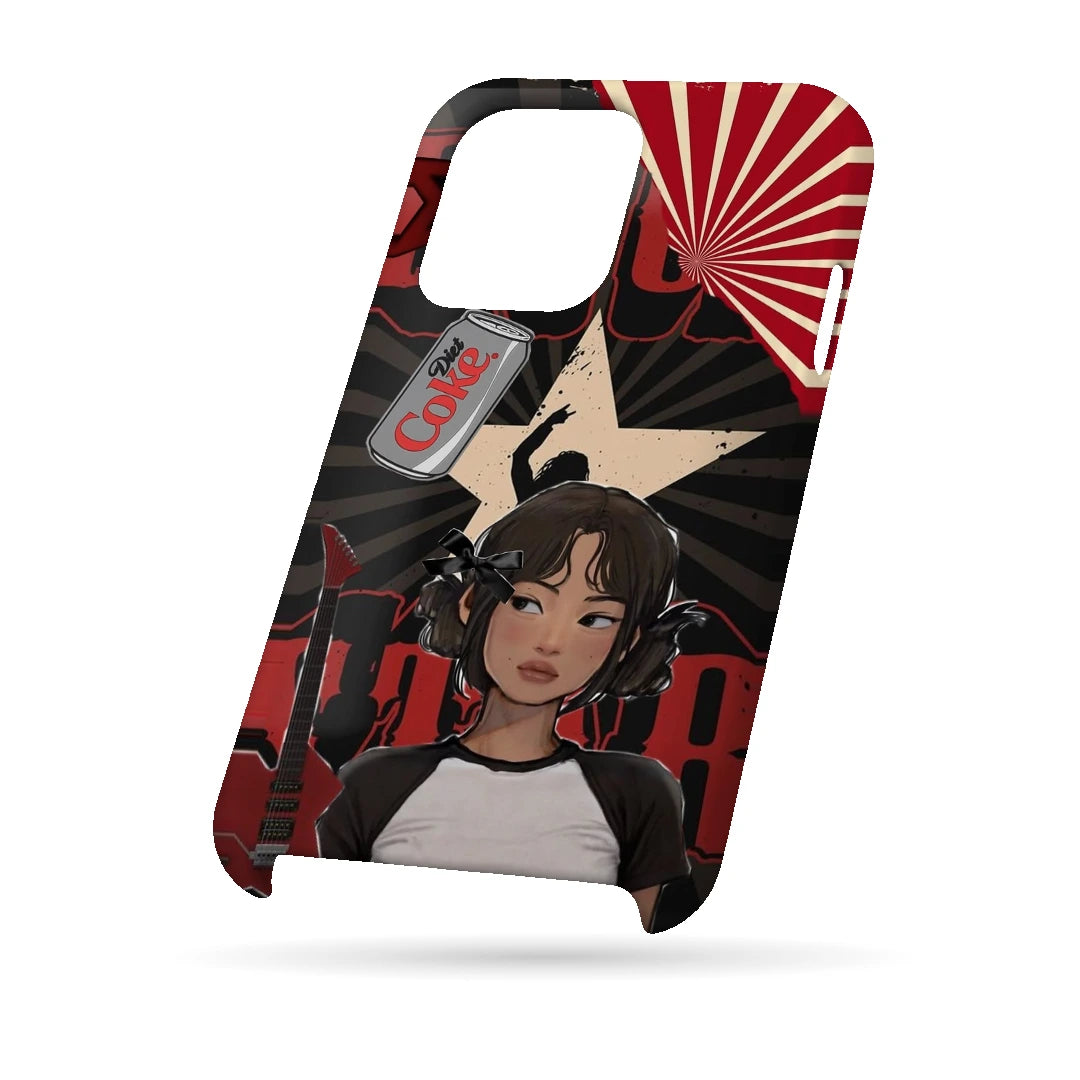 Anime City Girl 3D Print iPhone 15 Pro Phone Case, bottom view; an illustrated girl in a black-and-white outfit against a red city-inspired backdrop