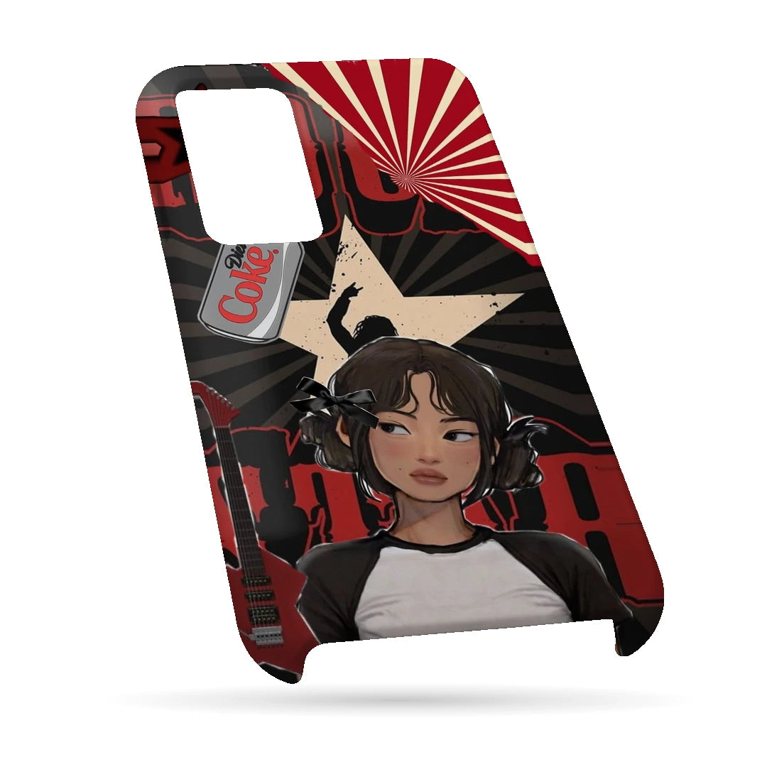 Anime City Girl 3D Print OnePlus Nord 2T Phone Case, bottom view; an illustrated girl in a black-and-white outfit against a red city-inspired backdrop