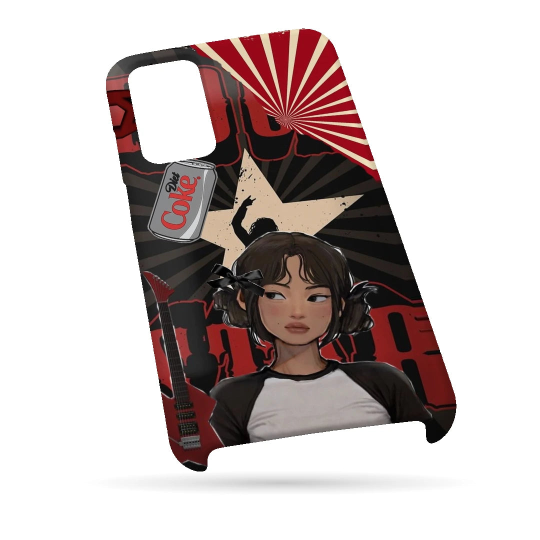 Anime City Girl 3D Print Samsung S21 FE Phone Case, bottom view; an illustrated girl in a black-and-white outfit against a red city-inspired backdrop