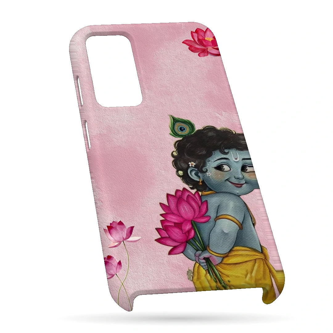 Baby Krishna Lotus 3D Print OnePlus Nord CE 3 Lite Phone Case, bottom view; baby Krishna holding a pink lotus on a soft pink background