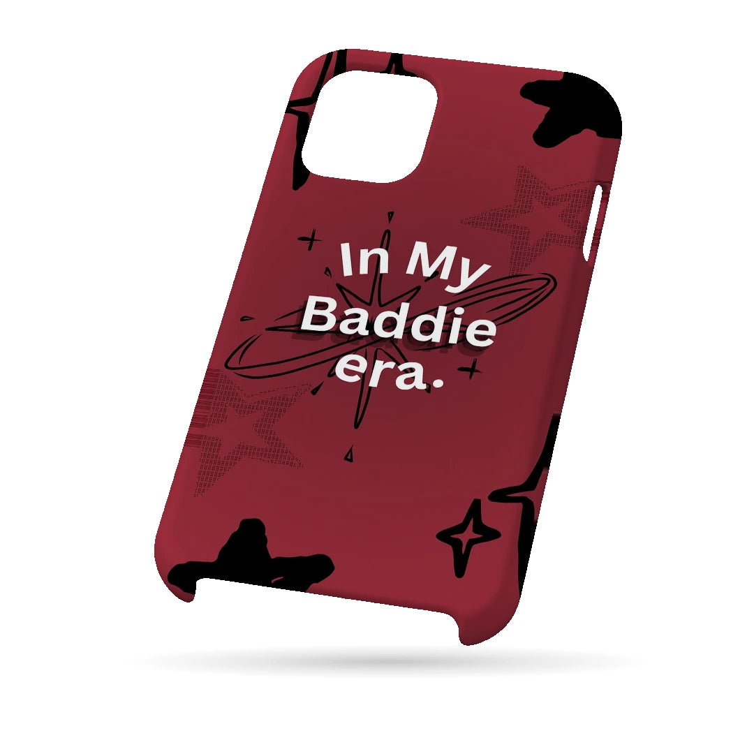 Baddie Era 3D Print iPhone 15 Phone Case, bottom view; In My Baddie Era lettering and black star shapes on a deep pink background