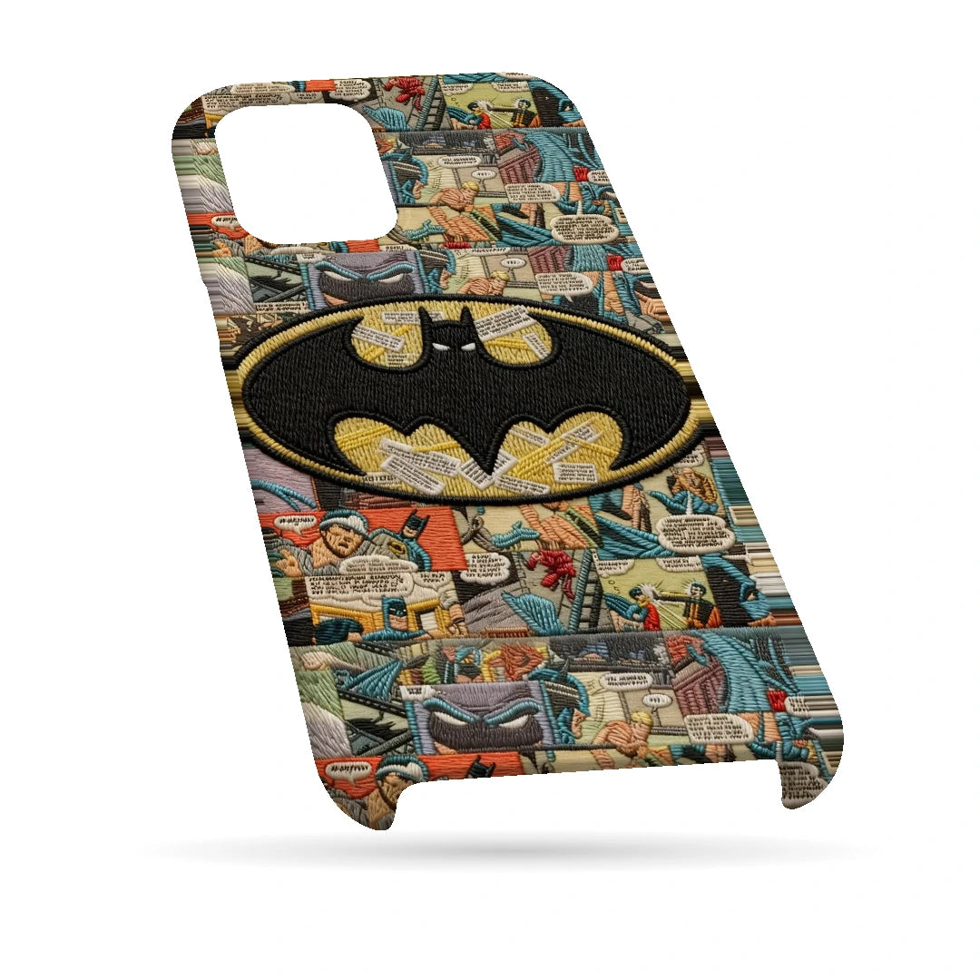 Batman Emblem Collage 3D Print iPhone 13 Phone Case, bottom view; a large yellow Batman emblem over a vintage comic-panel collage