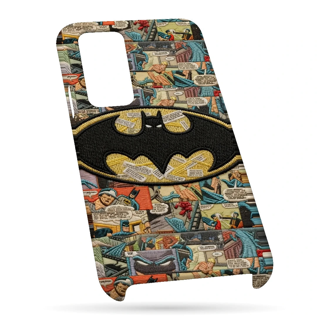 Batman Emblem Collage 3D Print OnePlus 8 Pro Phone Case, bottom view; a large yellow Batman emblem over a vintage comic-panel collage