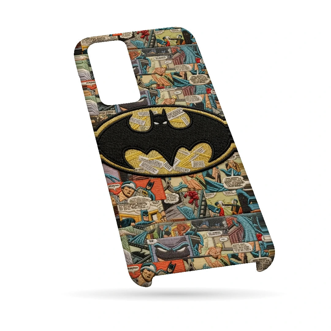 Batman Emblem Collage 3D Print Samsung A13 5G Phone Case, bottom view; a large yellow Batman emblem over a vintage comic-panel collage