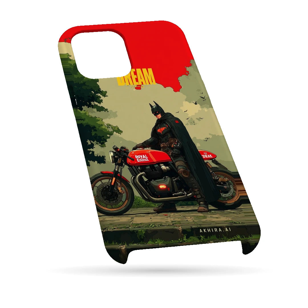 Batman Motorcycle 3D Print iPhone 14 Phone Case, bottom view; a Batman-inspired rider beside a red motorcycle in an illustrated landscape