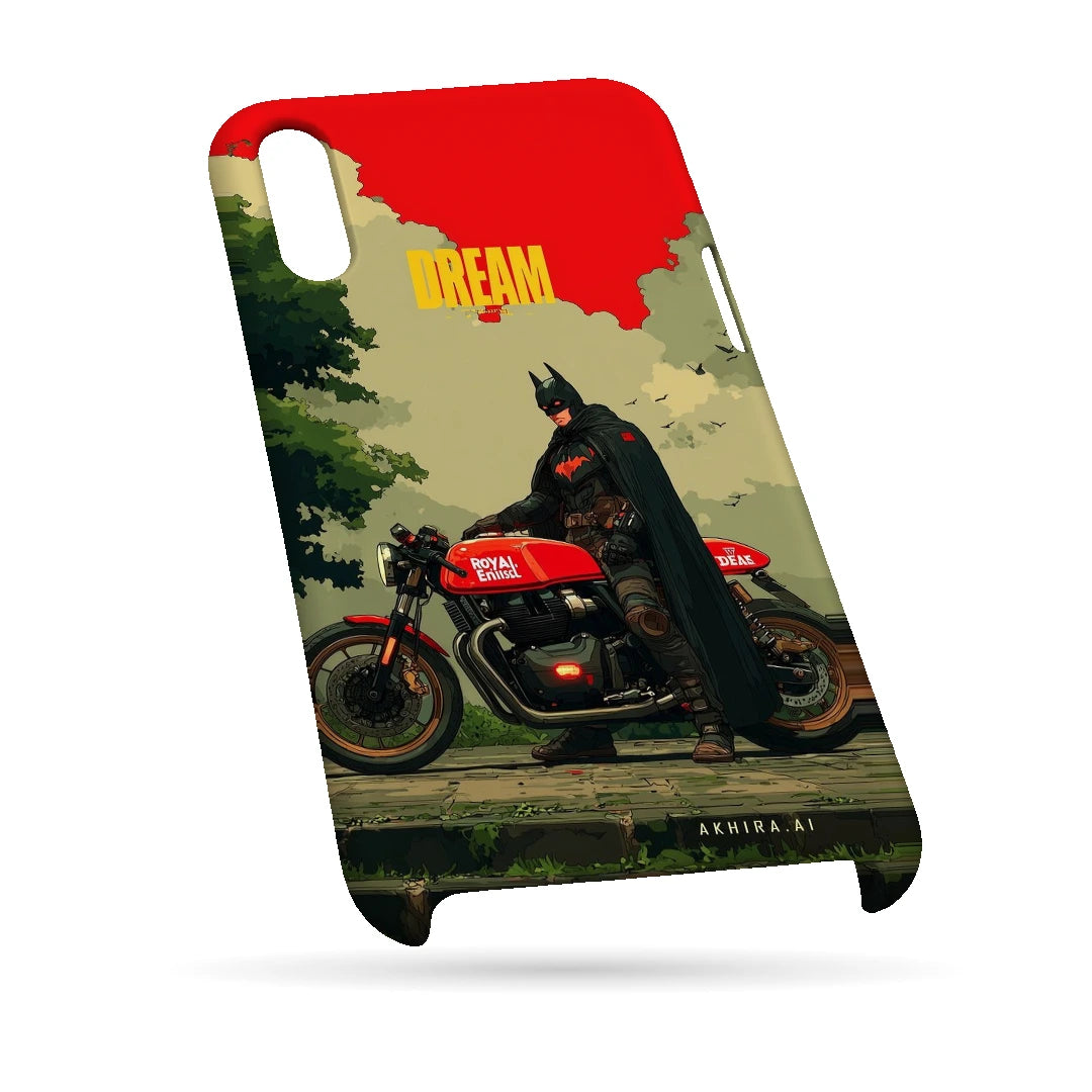 Batman Motorcycle 3D Print iPhone XS Max Phone Case, bottom view; a Batman-inspired rider beside a red motorcycle in an illustrated landscape