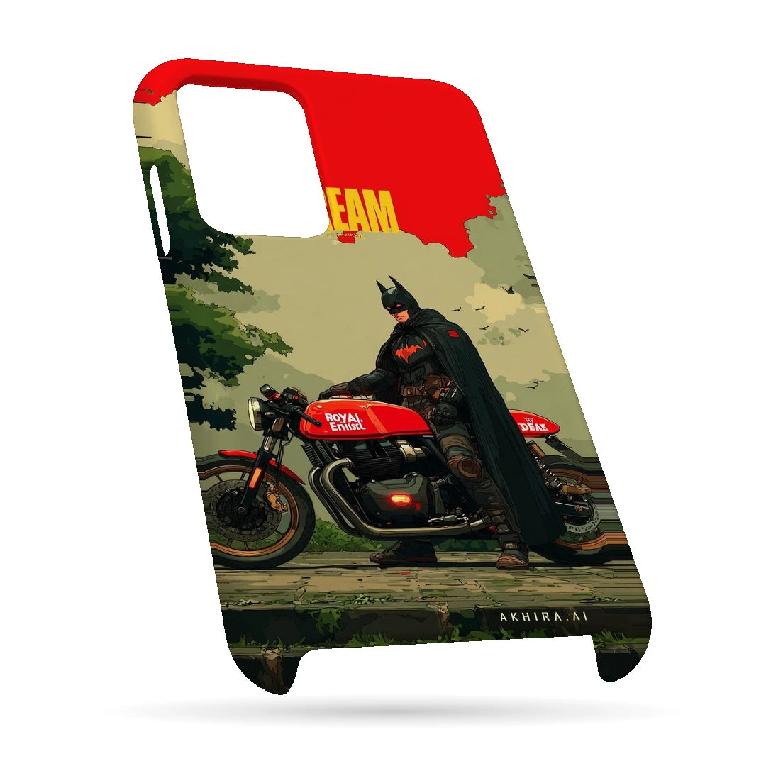Batman Motorcycle 3D Print OnePlus 10 Pro Phone Case, bottom view; a Batman-inspired rider beside a red motorcycle in an illustrated landscape