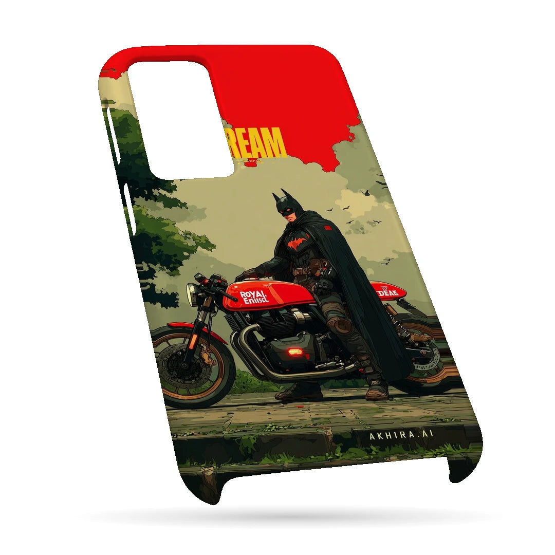 Batman Motorcycle 3D Print OnePlus 10R Phone Case, bottom view; a Batman-inspired rider beside a red motorcycle in an illustrated landscape