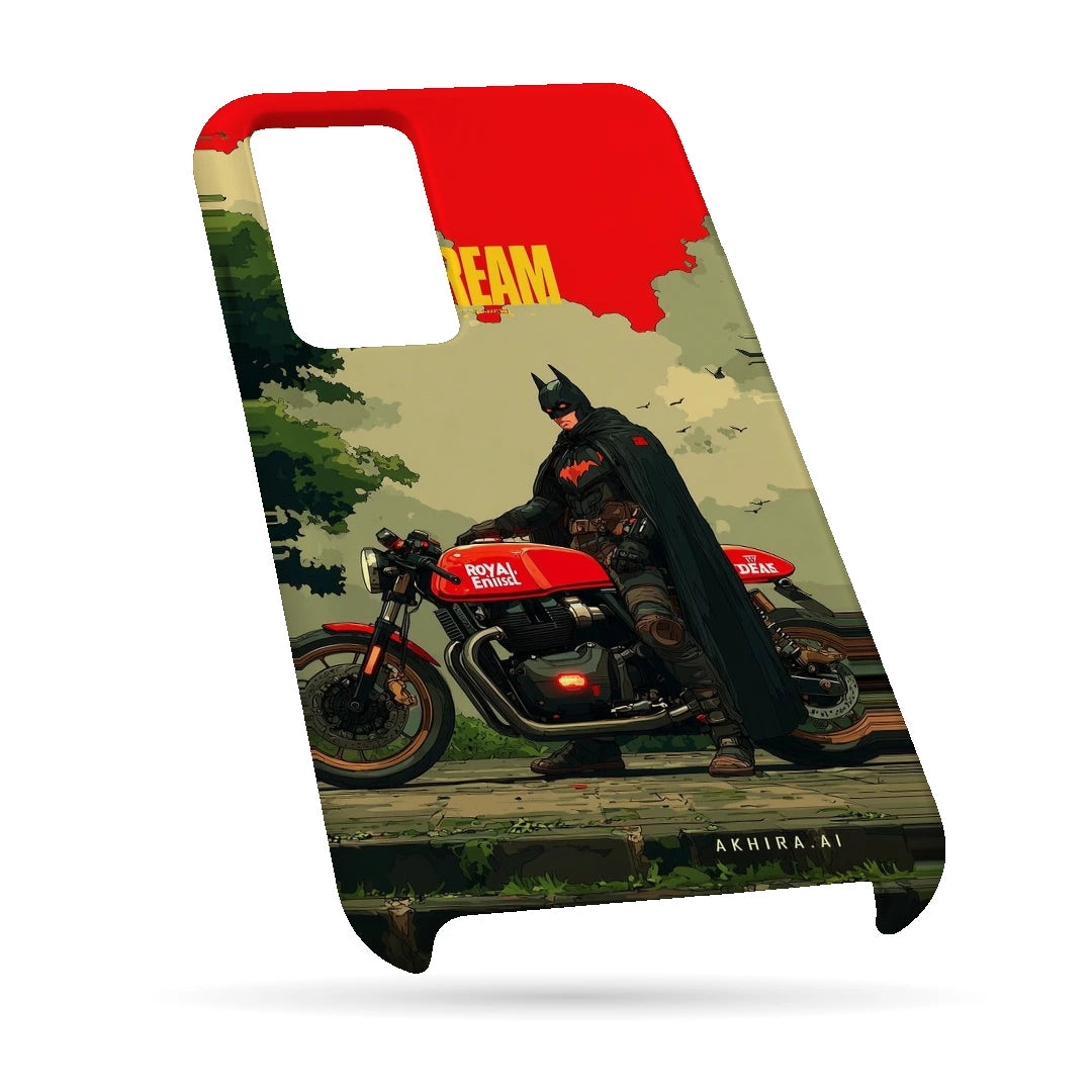Batman Motorcycle 3D Print OnePlus Nord 2T Phone Case, bottom view; a Batman-inspired rider beside a red motorcycle in an illustrated landscape