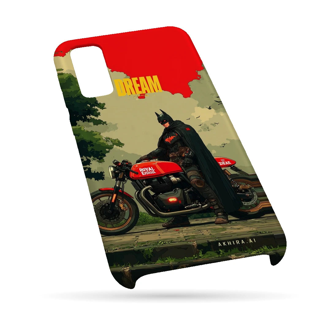 Batman Motorcycle 3D Print Samsung M02 Phone Case, bottom view; a Batman-inspired rider beside a red motorcycle in an illustrated landscape
