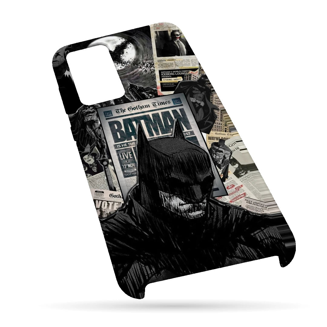 Batman Newspaper 3D Print Samsung Note 20 Phone Case, bottom view; black-and-white Batman portraits and newspaper-style graphics