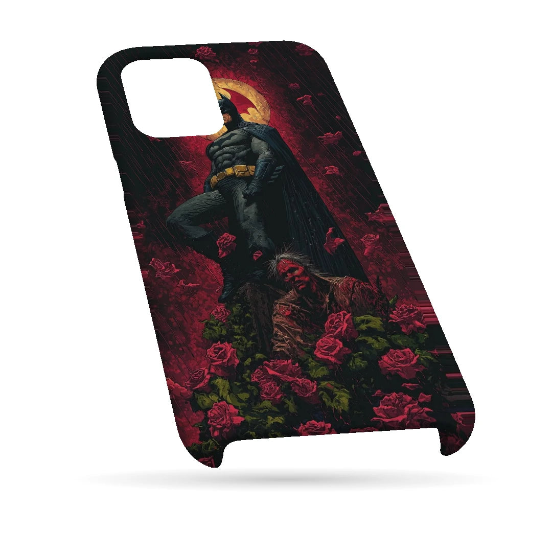 Batman Red Roses 3D Print iPhone 13 Phone Case, bottom view; a dark caped figure above red roses with a gold moon behind