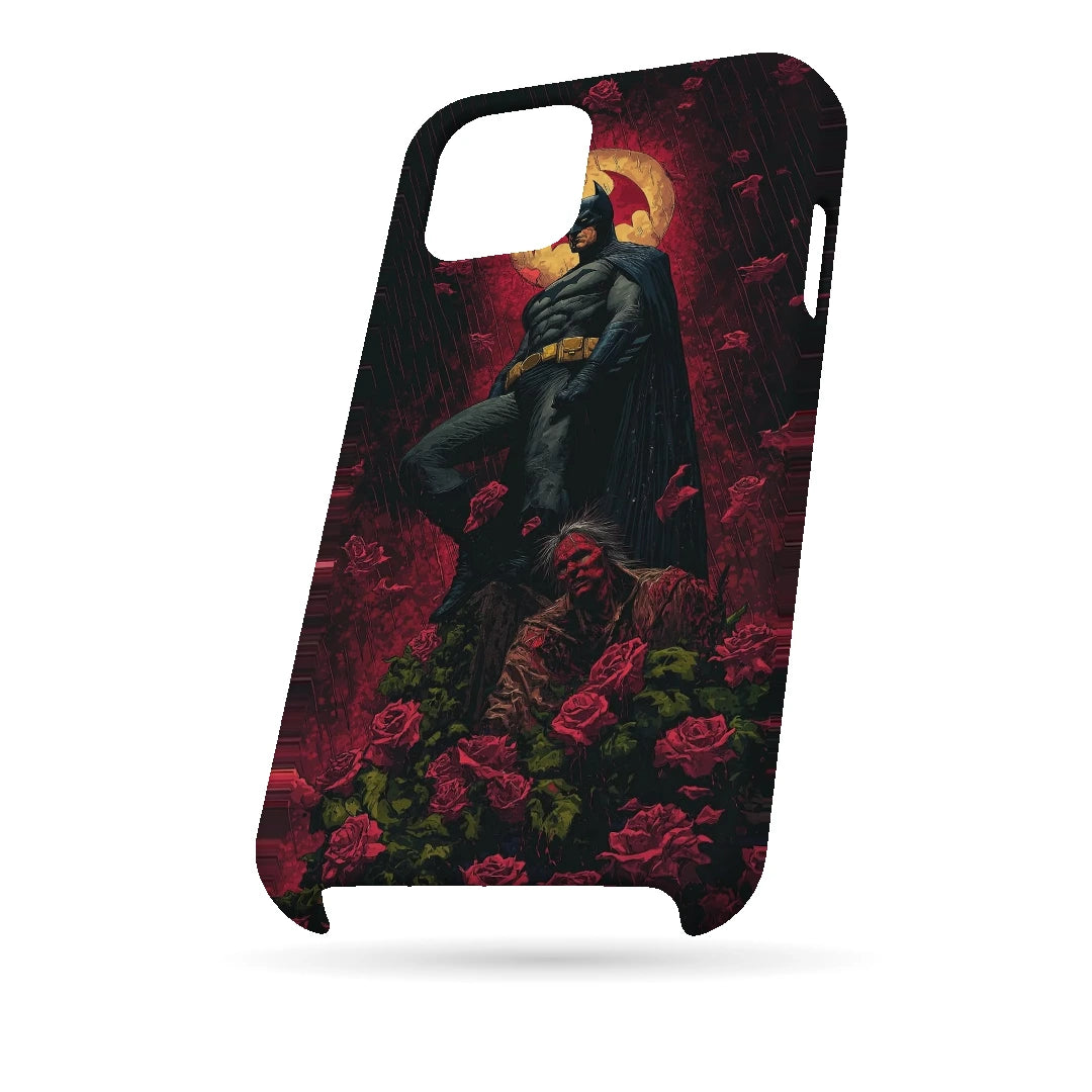 Batman Red Roses 3D Print iPhone 15 Plus Phone Case, bottom view; a dark caped figure above red roses with a gold moon behind