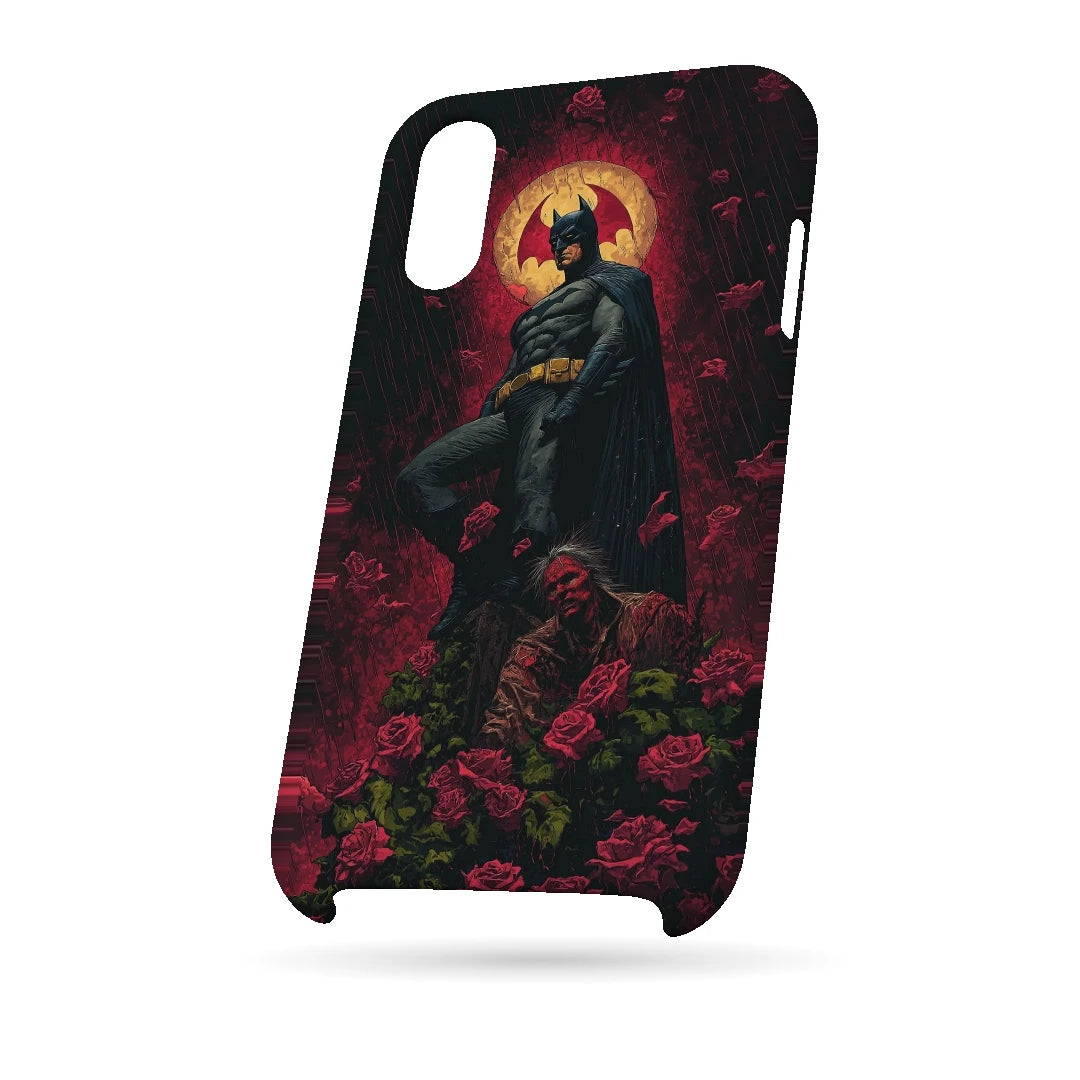 Batman Red Roses 3D Print iPhone XS Phone Case, bottom view; a dark caped figure above red roses with a gold moon behind