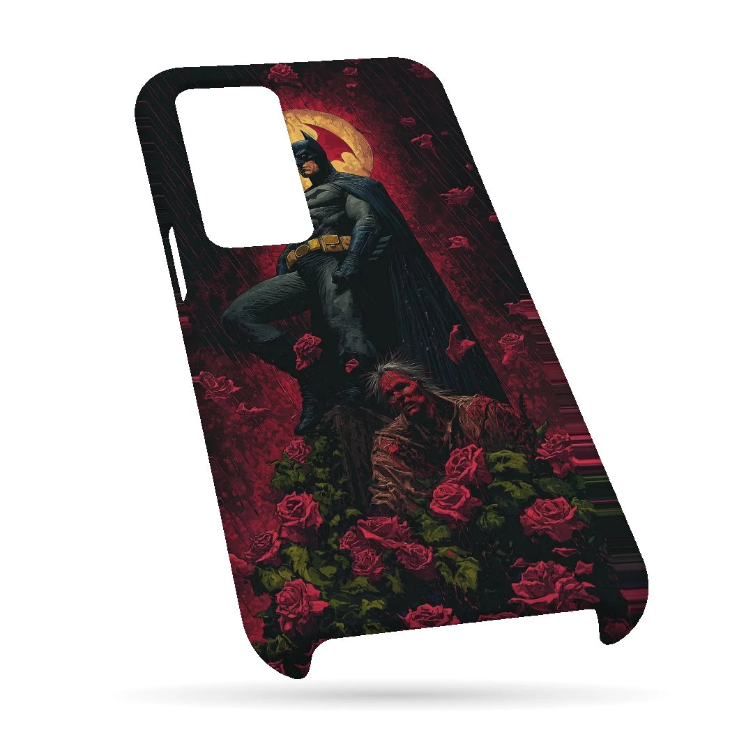 Batman Red Roses 3D Print OnePlus Nord CE Phone Case, bottom view; a dark caped figure above red roses with a gold moon behind