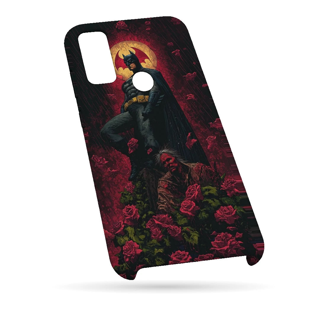 Batman Red Roses 3D Print Samsung M11 Phone Case, bottom view; a dark caped figure above red roses with a gold moon behind