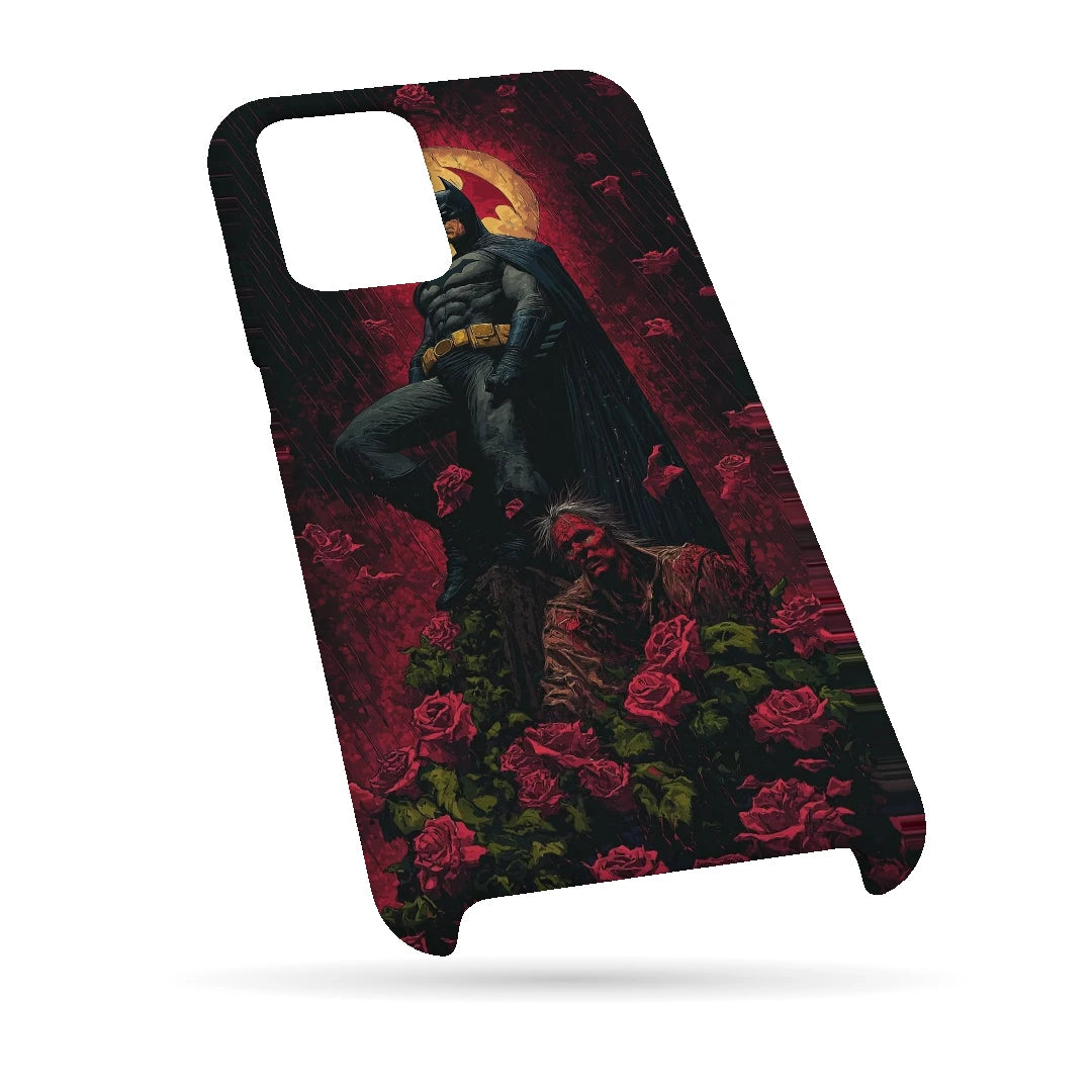 Batman Red Roses 3D Print Samsung M53 5G Phone Case, bottom view; a dark caped figure above red roses with a gold moon behind