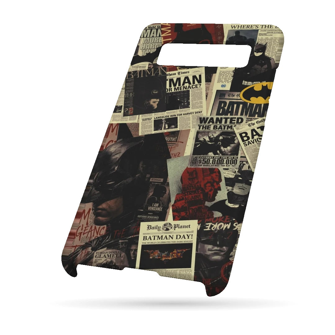 Batman Wanted Collage 3D Print Samsung Note 8 Phone Case, bottom view; Batman portraits and wanted-poster graphics in a vintage comic collage