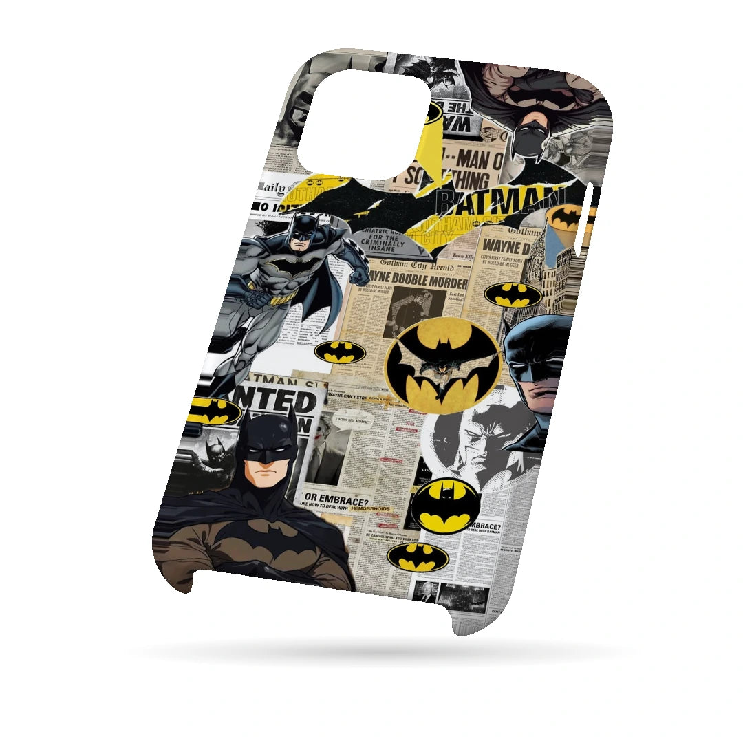 Batman Yellow Comic 3D Print iPhone 15 Phone Case, bottom view; Batman illustrations with yellow emblem accents and comic textures