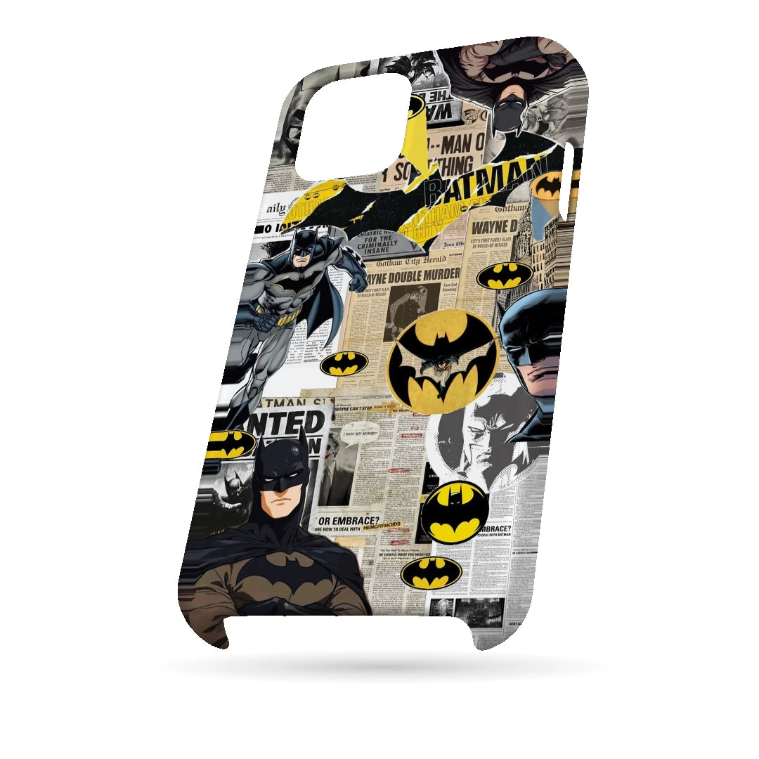 Batman Yellow Comic 3D Print iPhone 15 Plus Phone Case, bottom view; Batman illustrations with yellow emblem accents and comic textures