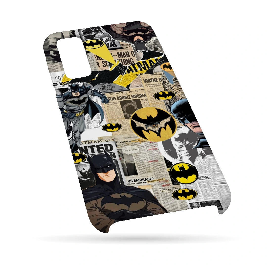 Batman Yellow Comic 3D Print Samsung M02 Phone Case, bottom view; Batman illustrations with yellow emblem accents and comic textures