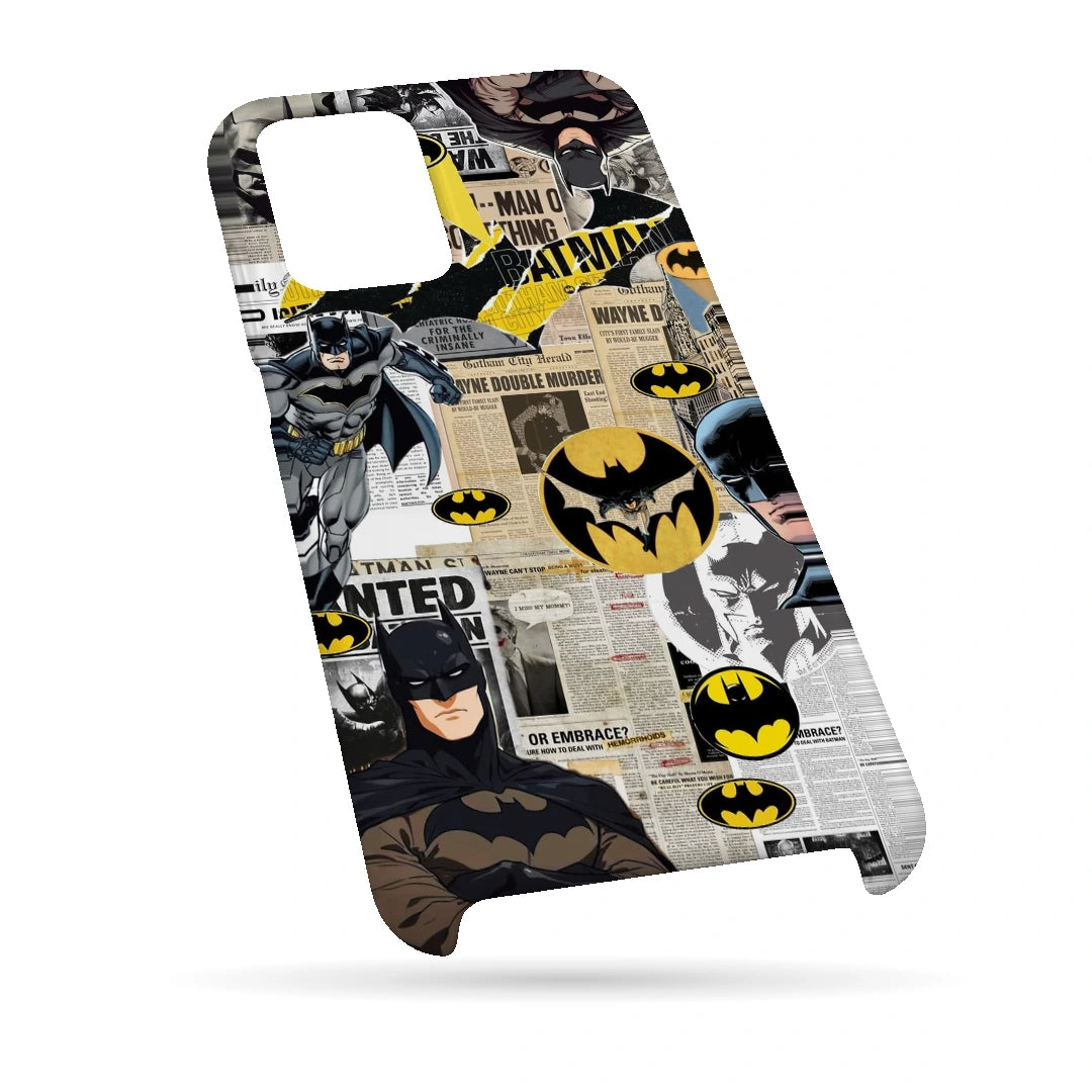 Batman Yellow Comic 3D Print Samsung M53 5G Phone Case, bottom view; Batman illustrations with yellow emblem accents and comic textures
