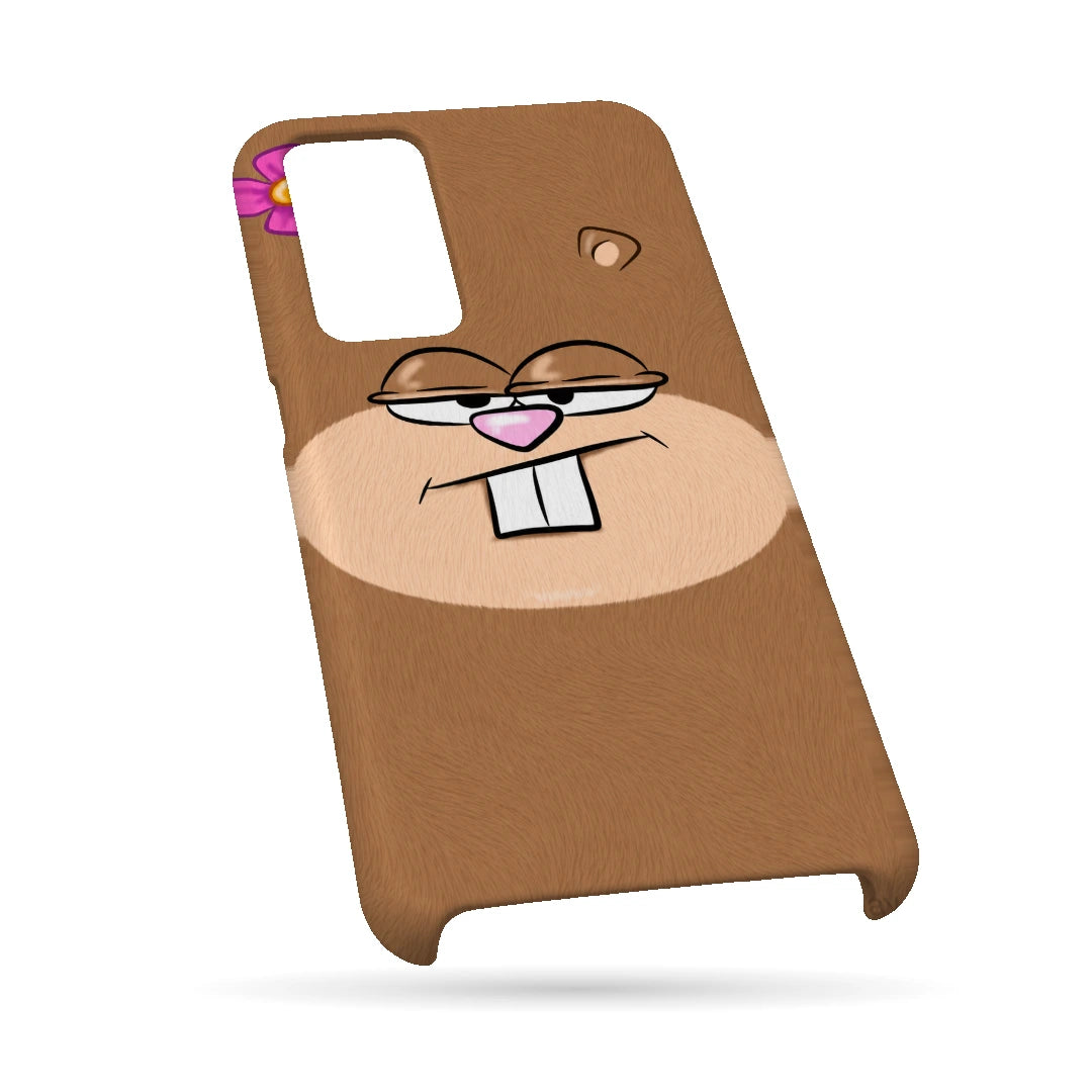 Brown Cartoon Face 3D Print Samsung M32 5G Phone Case, bottom view; a large smiling brown cartoon face with pink nose and white teeth