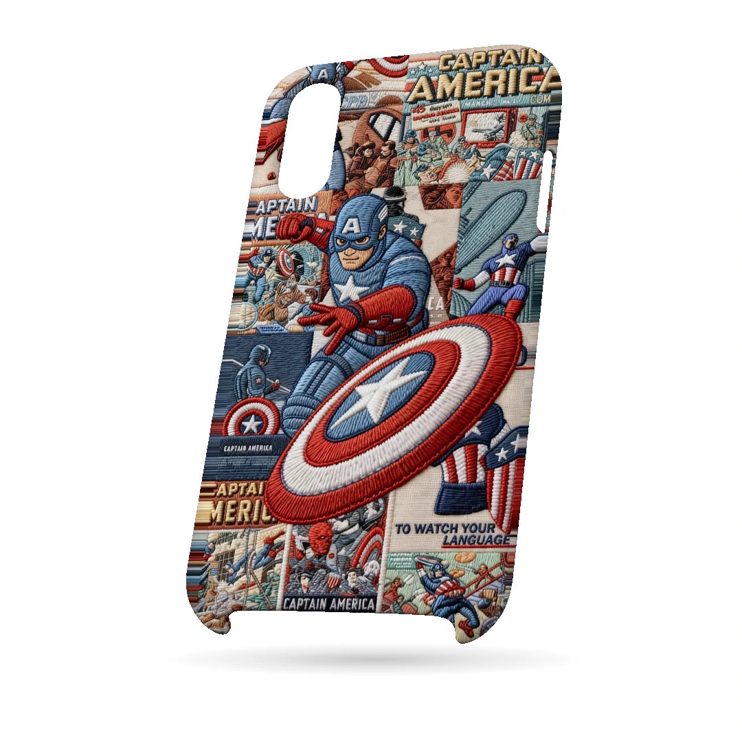 Captain America Shield 3D Print iPhone XS Phone Case, bottom view; Captain America and a red, white and blue shield over comic panels