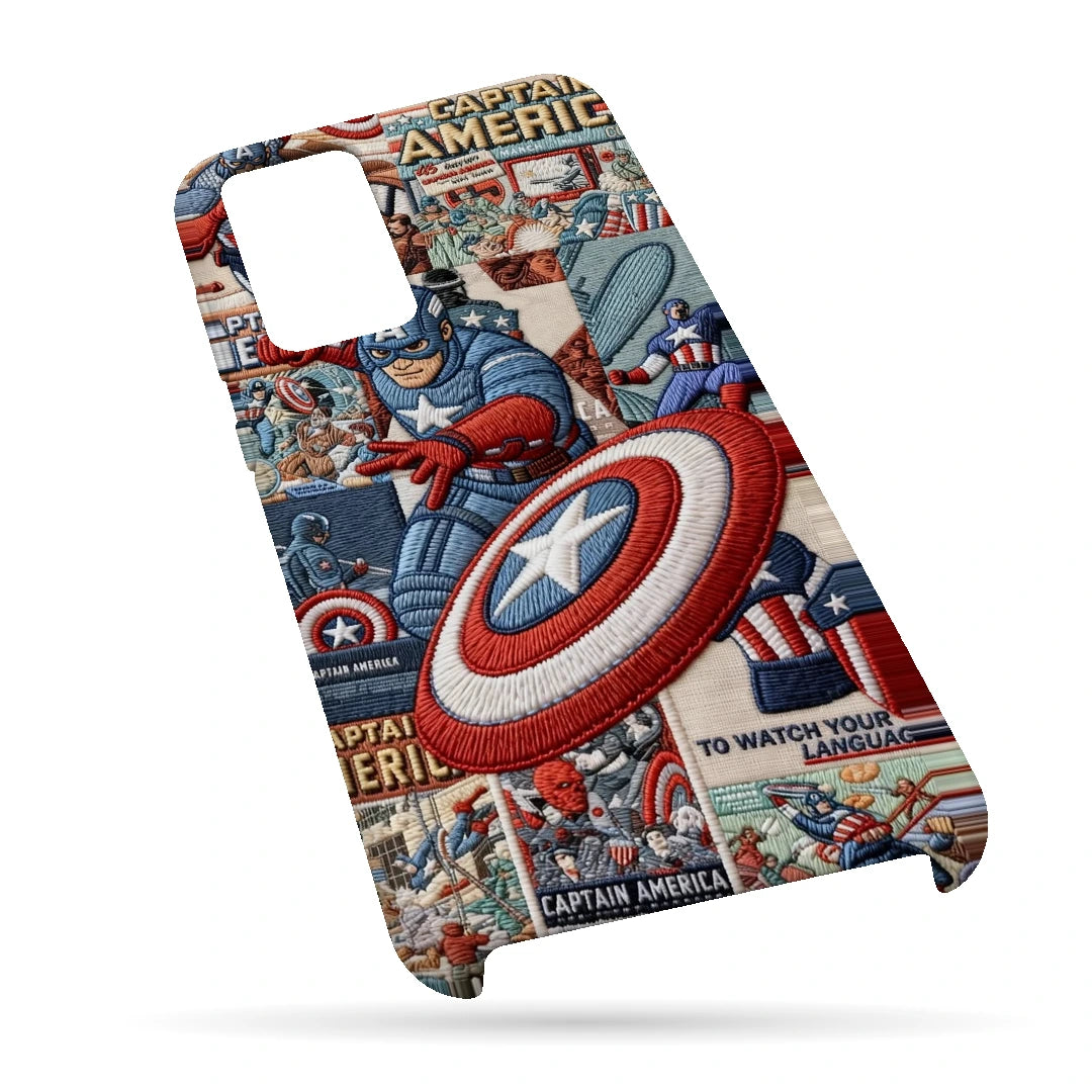 Captain America Shield 3D Print Samsung Note 20 Phone Case, bottom view; Captain America and a red, white and blue shield over comic panels