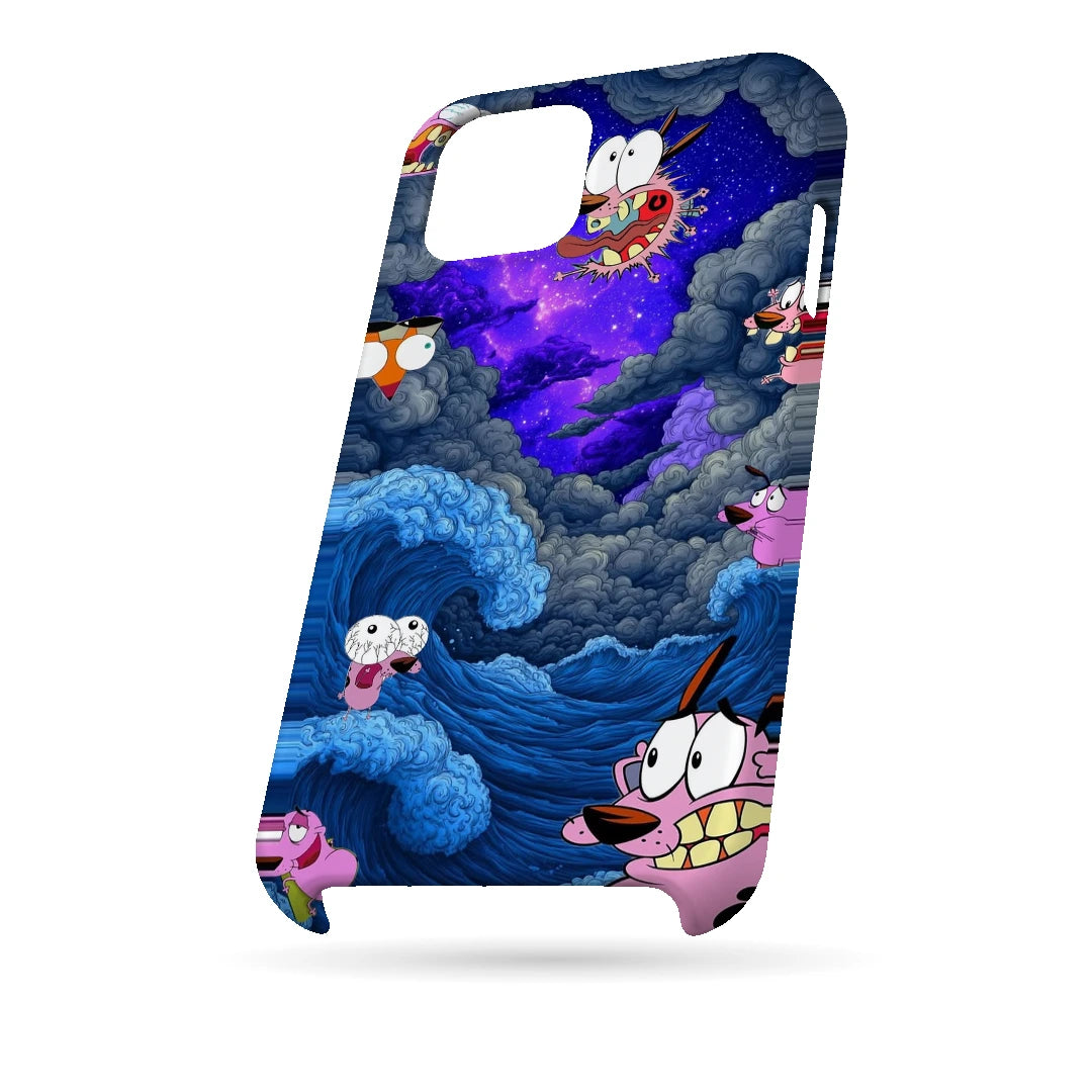 Cartoon Cosmic Clouds 3D Print iPhone 15 Plus Phone Case, bottom view; small cartoon characters among blue clouds and a purple cosmic sky