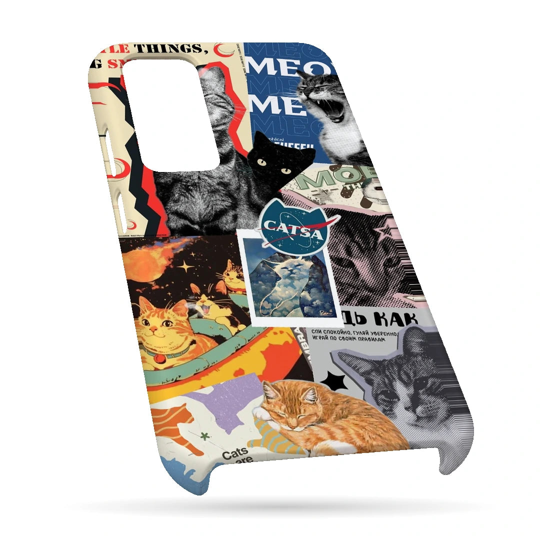 Cat Magazine Collage 3D Print OnePlus 9 Phone Case, bottom view; cats and magazine-style cutouts in blue, cream and warm collage tones